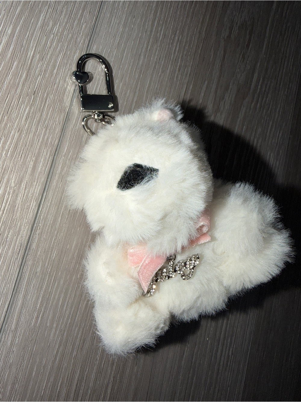 Juicy Couture White Plush Puppy Keychain with Pink Bow and Rhinestone Logo